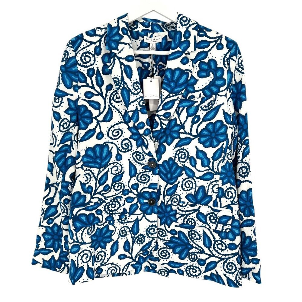 Current Air Blazer Blue White‎ Floral Linen Blend Button Close Colorful Size S